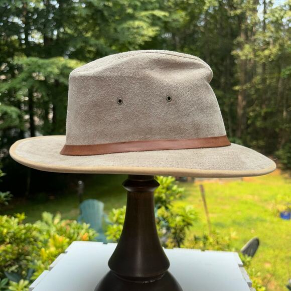 Henschel Fine Hatters Tan Suede Wide Brim Hat VINTAGE Size M Made in USA Outback - Picture 9 of 10